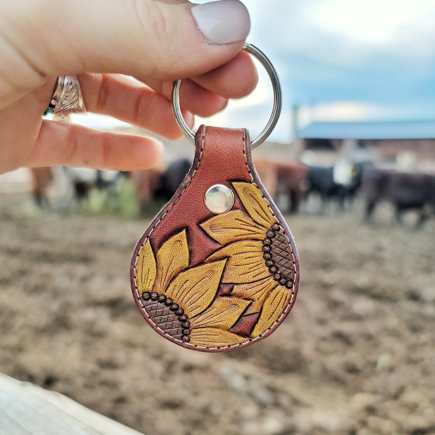 Painted Sunflower Round Leather Keychain