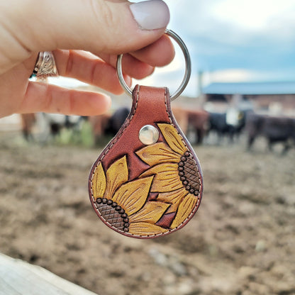 Painted Sunflower Round Leather Keychain