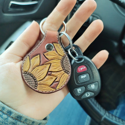 Painted Sunflower Round Leather Keychain