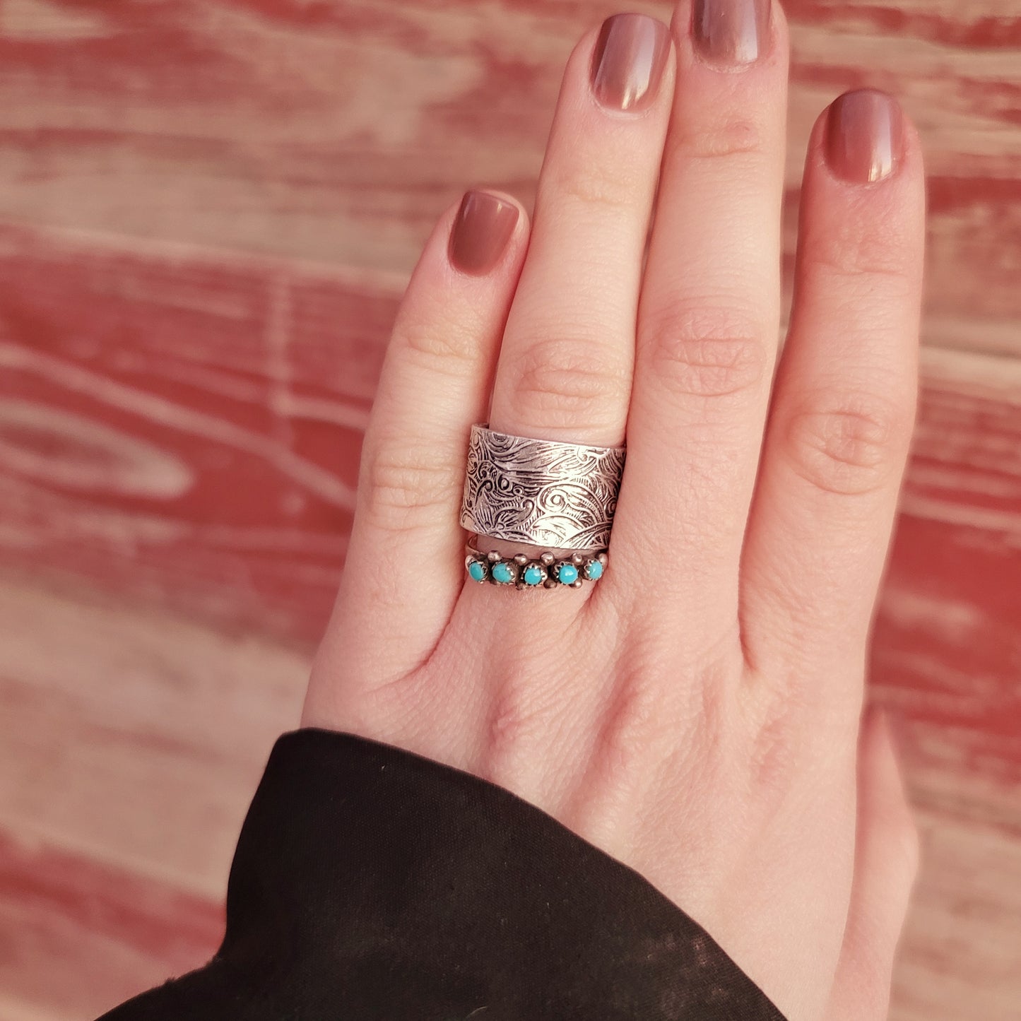 Wide Paisley Floral Print Tarnished Western Ring - Country & Western Style