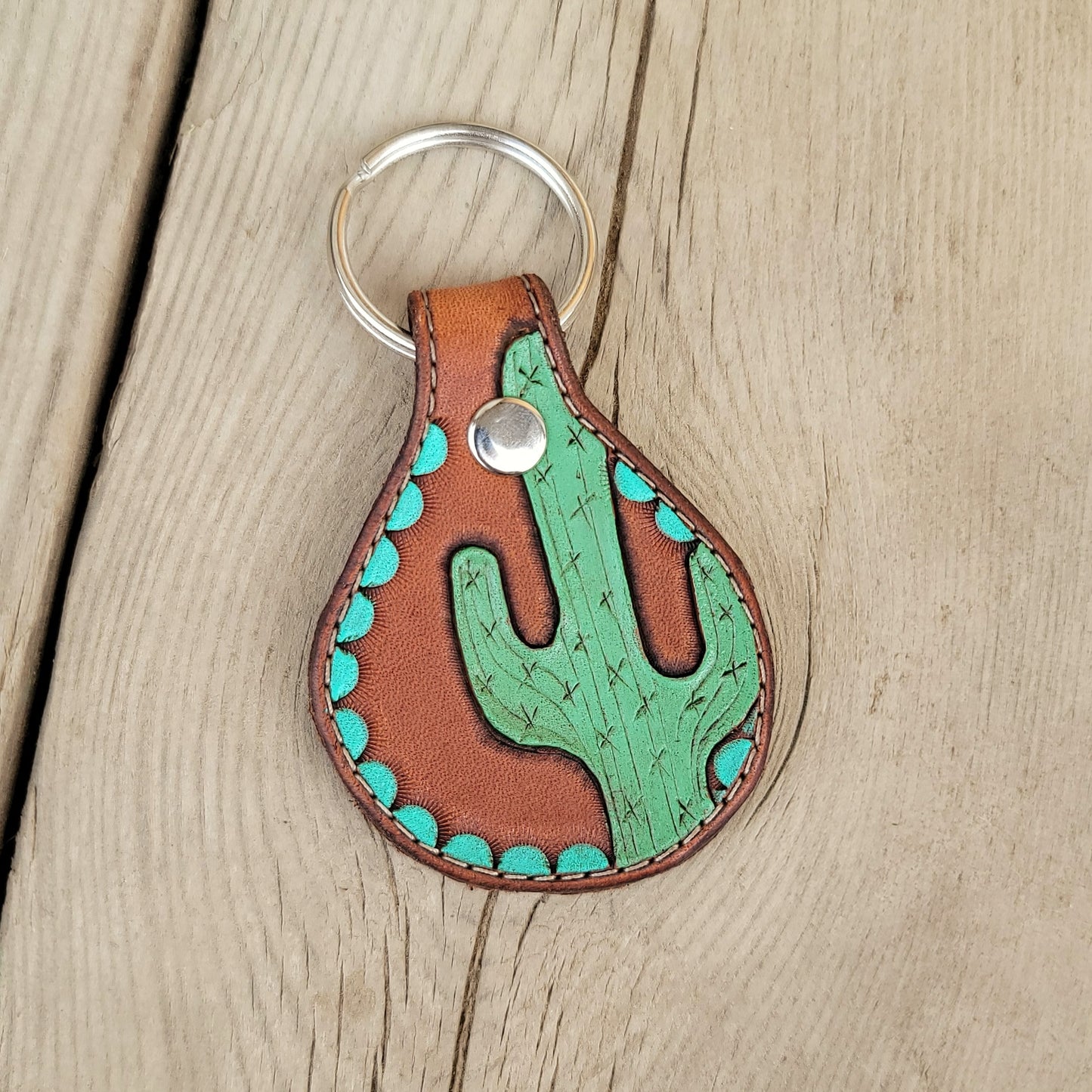 Painted Cactus Round Leather Keychain