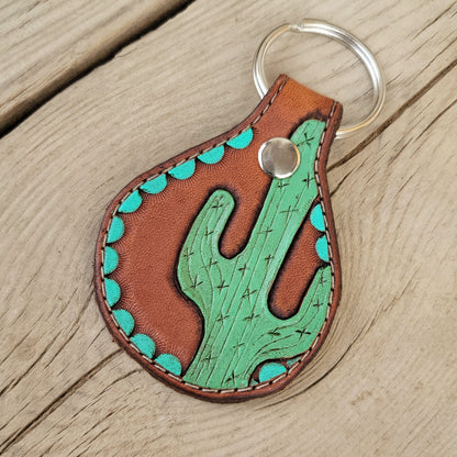 Painted Cactus Round Leather Keychain