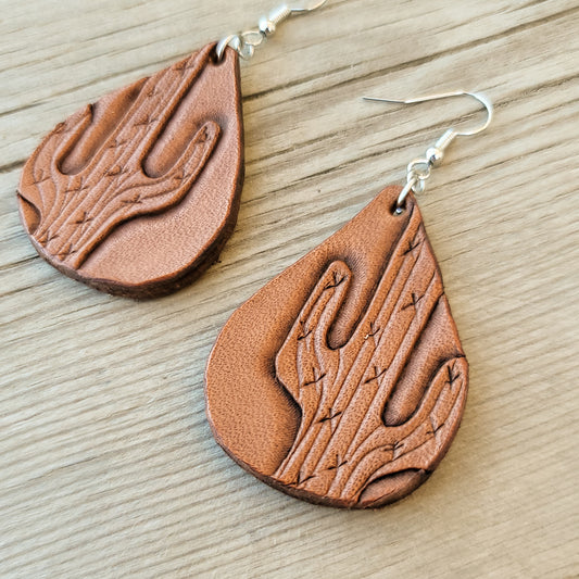 Teardrop Cactus Leather Earrings