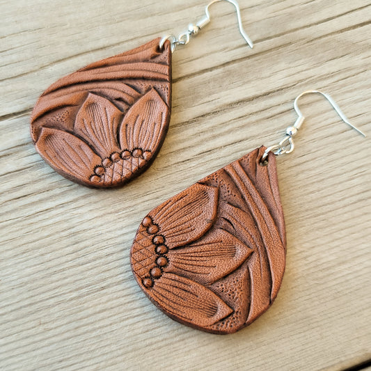 Teardrop Sunflower Leather Earrings
