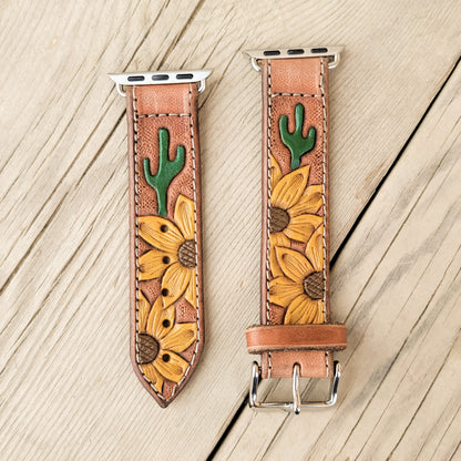 Sunflower & Cactus Painted Leather Smart Watch Band