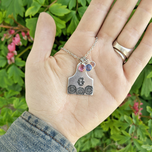 Personalized Initial Cattle Tag Necklace with Birthstones