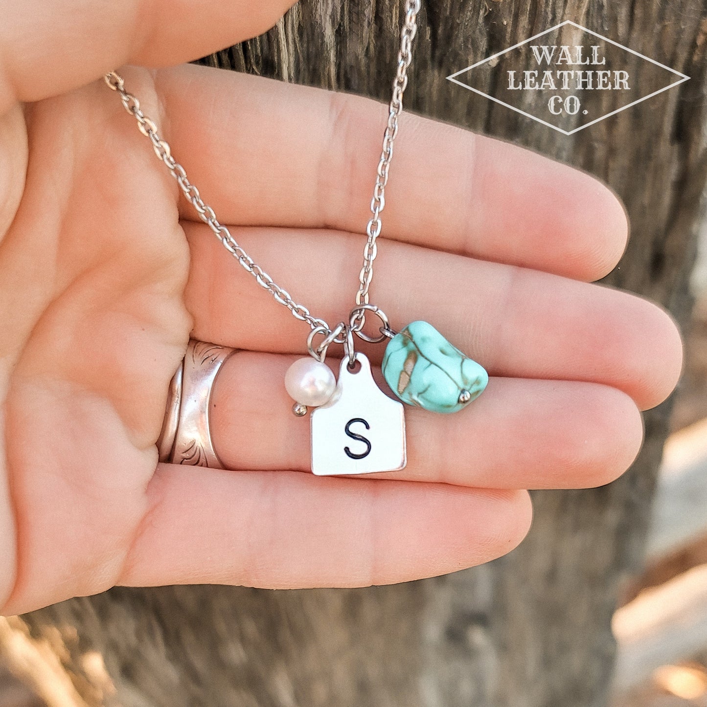 Initial Cattle Ear Tag Necklace - Pearl & Turquoise