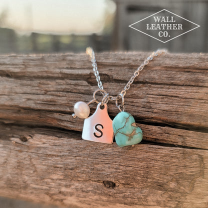 Initial Cattle Ear Tag Necklace - Pearl & Turquoise