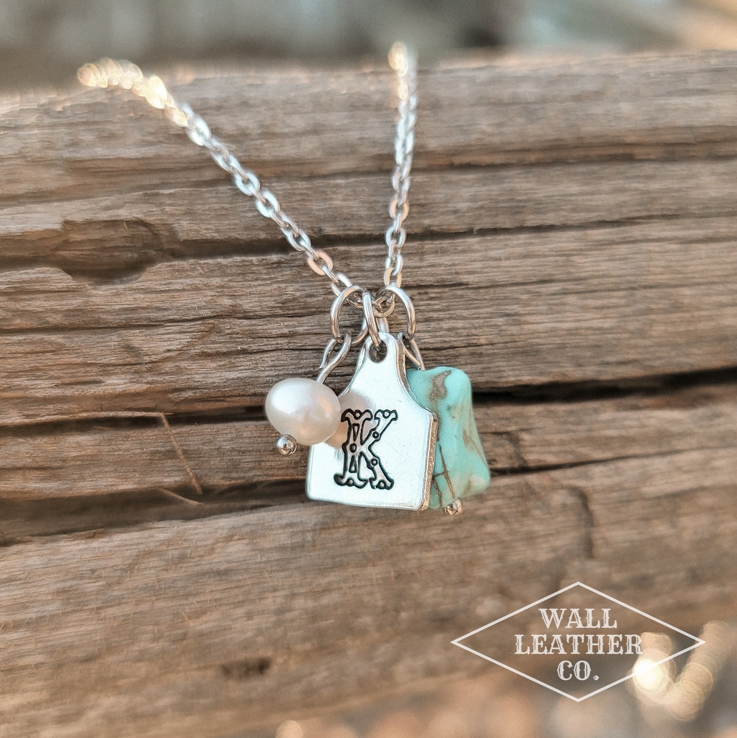 Initial Cattle Ear Tag Necklace - Pearl & Turquoise
