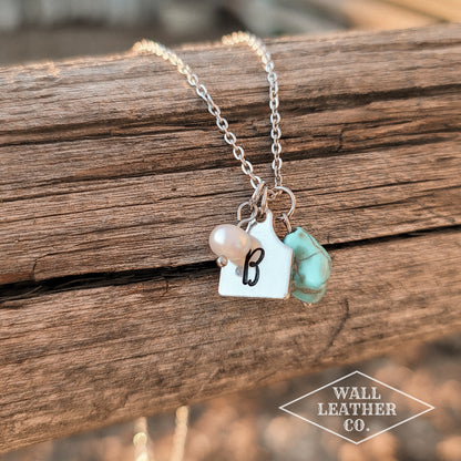 Initial Cattle Ear Tag Necklace - Pearl & Turquoise