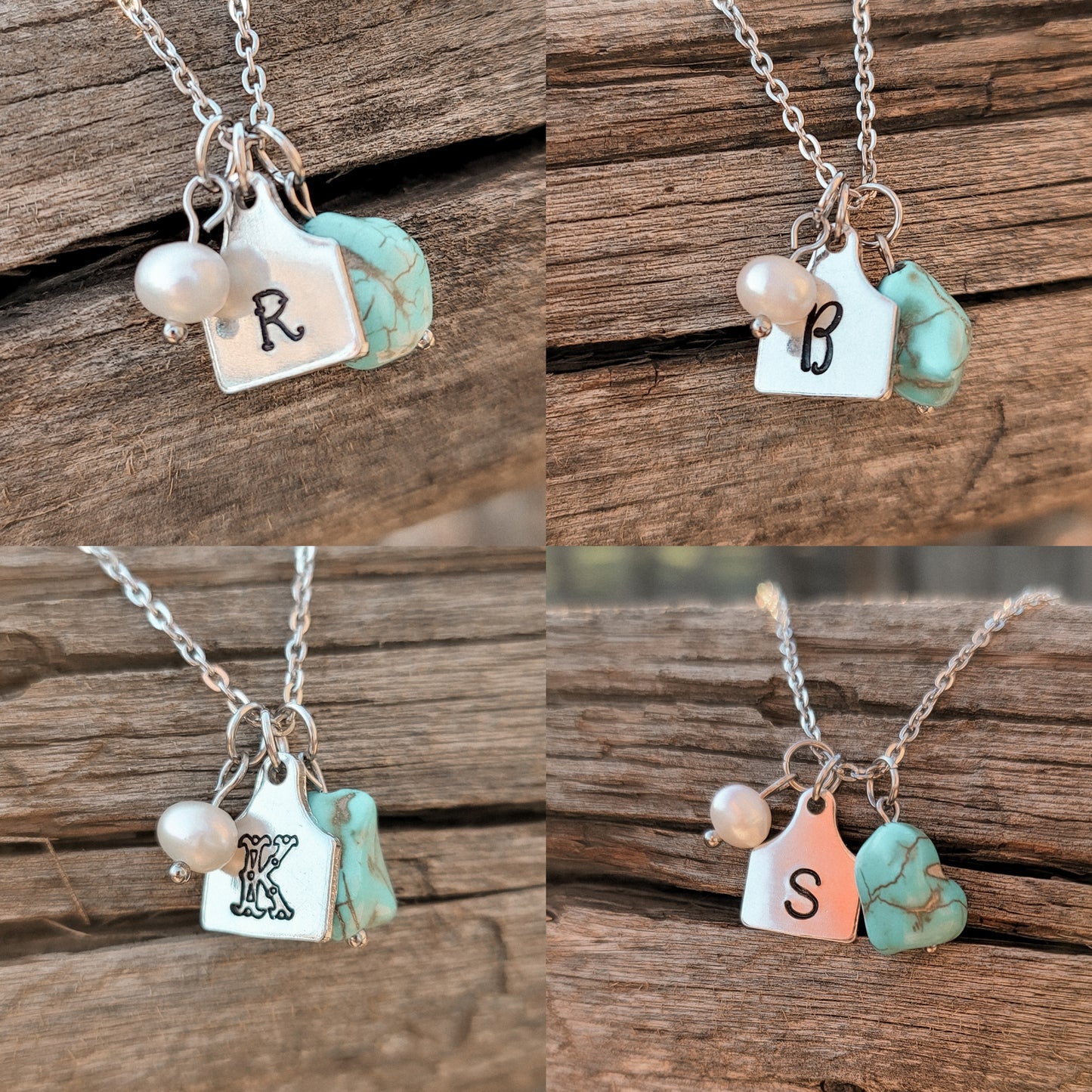 Initial Cattle Ear Tag Necklace - Pearl & Turquoise