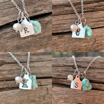 Initial Cattle Ear Tag Necklace - Pearl & Turquoise