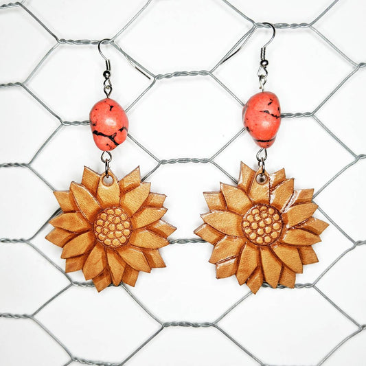 Sunflower Leather Earrings with Coral