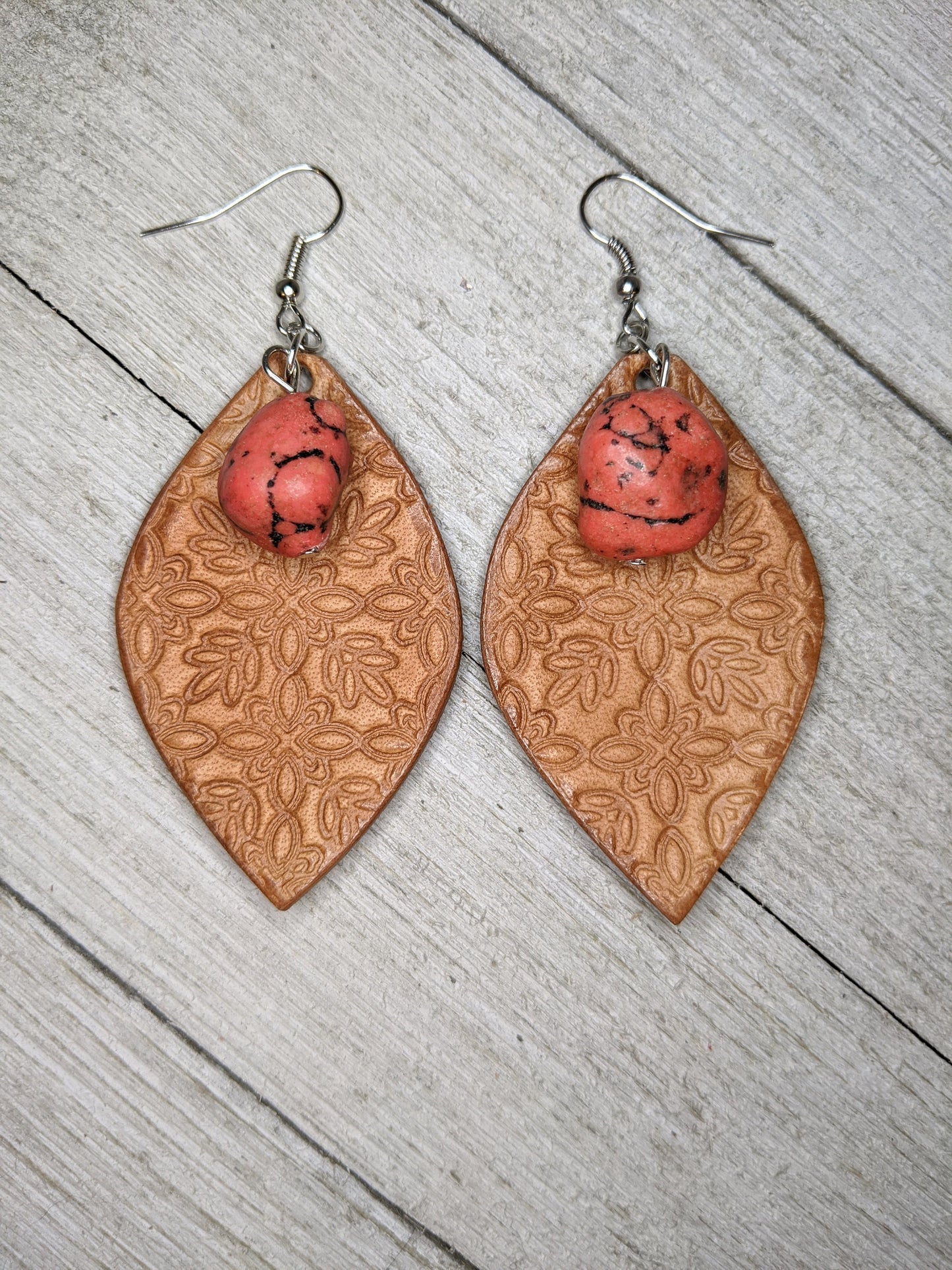 Floral Print Leaf Leather Earrings with Coral