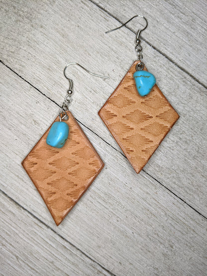 Aztec Print Diamond Leather Earrings with Turquoise