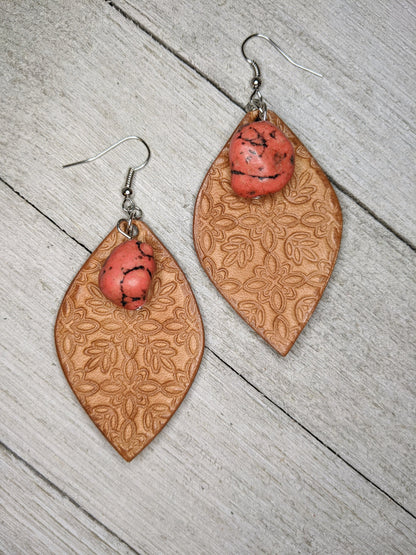 Floral Print Leaf Leather Earrings with Coral