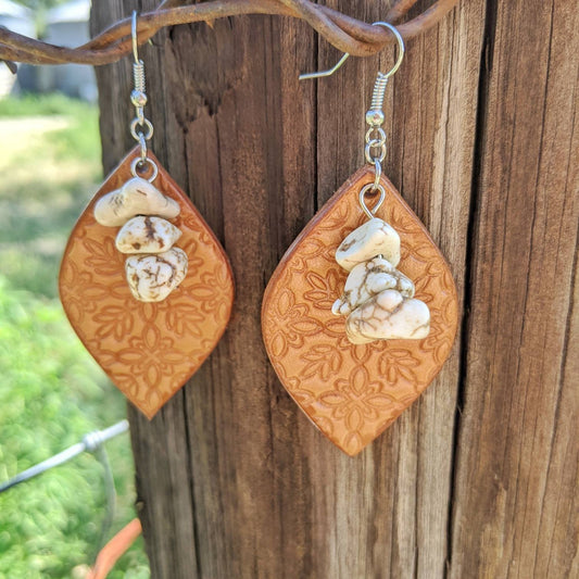 Floral Print Leaf Leather Earrings with White Magnesite