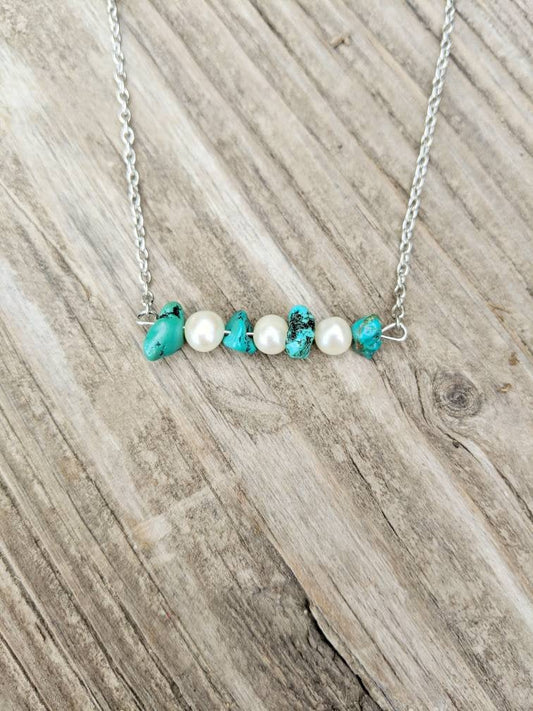 Turquoise & Pearl Nugget Bar Necklace
