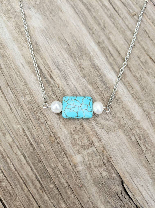 Pearl & Turquoise Chunk Nugget Bar Necklace