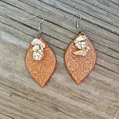 Floral Print Leaf Leather Earrings with White Magnesite