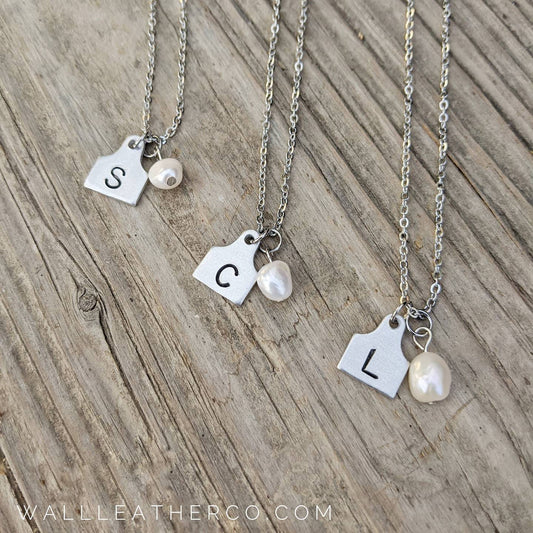 Initial Cattle Ear Tag Necklace - Pearl